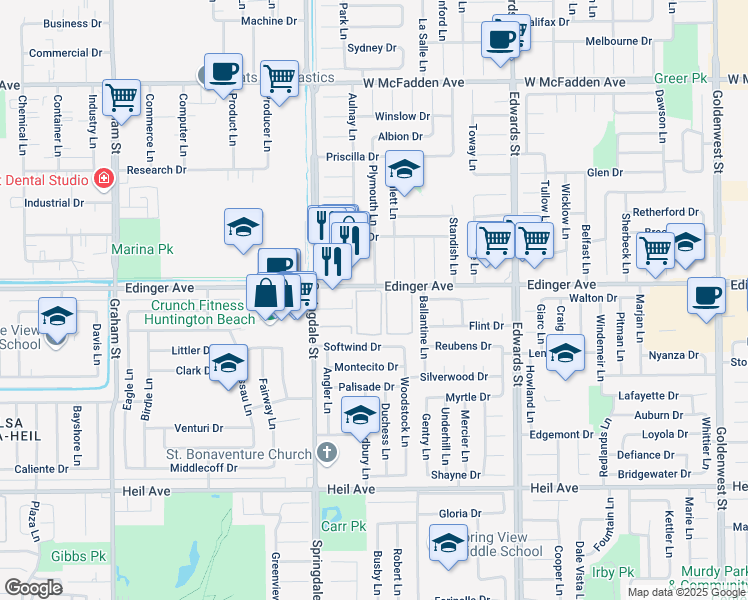 map of restaurants, bars, coffee shops, grocery stores, and more near 6100 Edinger Avenue in Huntington Beach