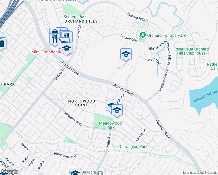 map of restaurants, bars, coffee shops, grocery stores, and more near 614 Timberwood in Irvine