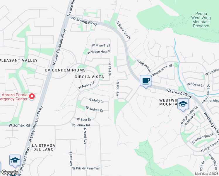 map of restaurants, bars, coffee shops, grocery stores, and more near 9187 West Bajada Road in Peoria