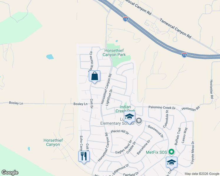 map of restaurants, bars, coffee shops, grocery stores, and more near 26919 Lightfoot Drive in Corona