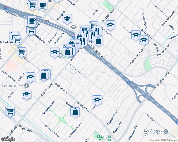 map of restaurants, bars, coffee shops, grocery stores, and more near 1731 Mitchell Avenue in Tustin