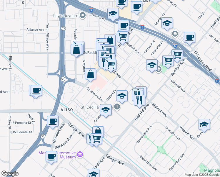 map of restaurants, bars, coffee shops, grocery stores, and more near 14641 Carfax Drive in Tustin