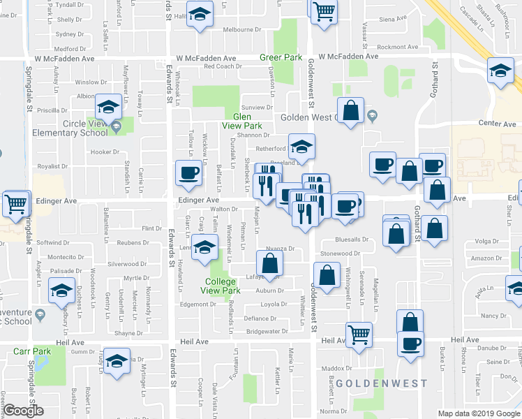 map of restaurants, bars, coffee shops, grocery stores, and more near 6862 Edinger Avenue in Huntington Beach