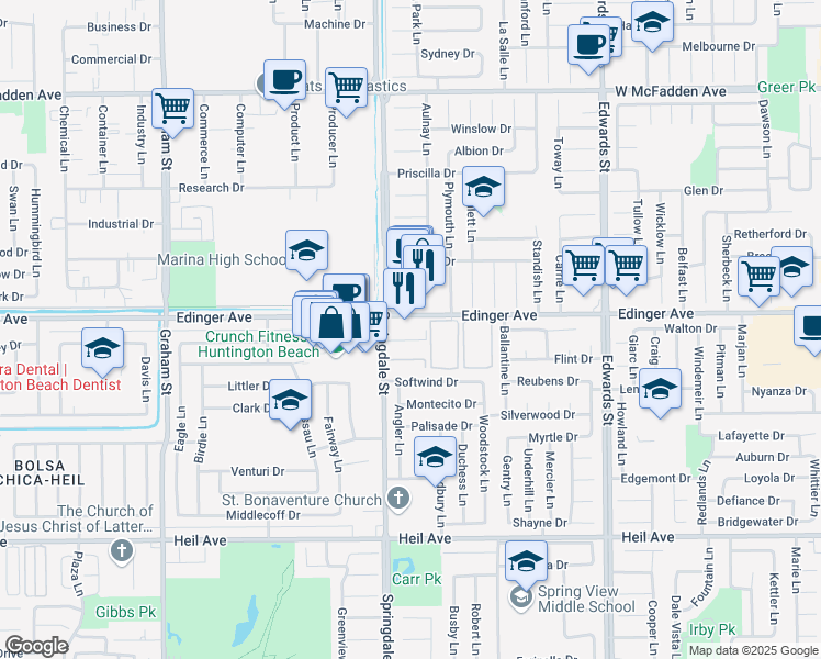 map of restaurants, bars, coffee shops, grocery stores, and more near 16072 Springdale Street in Huntington Beach