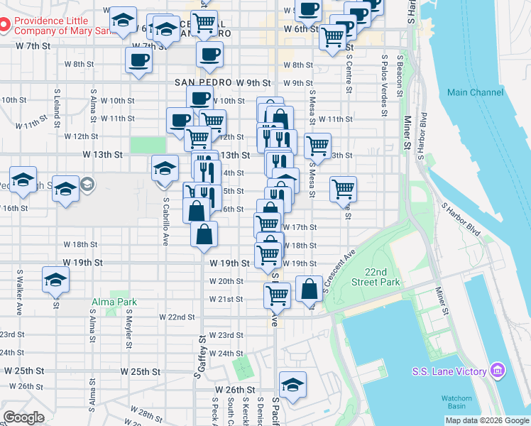 map of restaurants, bars, coffee shops, grocery stores, and more near 1631 South Pacific Avenue in Los Angeles