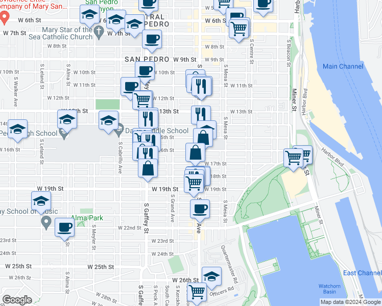 map of restaurants, bars, coffee shops, grocery stores, and more near 1631 South Pacific Avenue in Los Angeles
