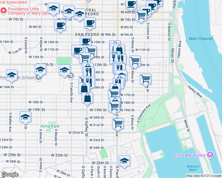 map of restaurants, bars, coffee shops, grocery stores, and more near 524 West 17th Street in Los Angeles