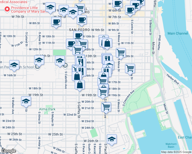 map of restaurants, bars, coffee shops, grocery stores, and more near 1634 South Grand Avenue in Los Angeles