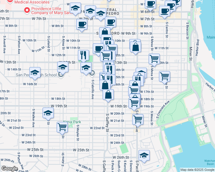 map of restaurants, bars, coffee shops, grocery stores, and more near 724 West 17th Street in Los Angeles