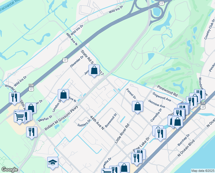 map of restaurants, bars, coffee shops, grocery stores, and more near 4708 Bermuda Way in Myrtle Beach