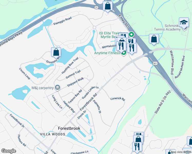 map of restaurants, bars, coffee shops, grocery stores, and more near 4541 Tarpon Bay Road in Myrtle Beach