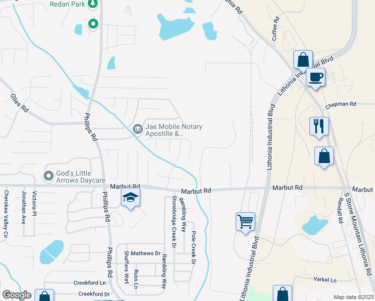 map of restaurants, bars, coffee shops, grocery stores, and more near 6509 Charter Way in Lithonia