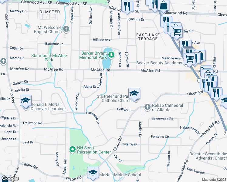 map of restaurants, bars, coffee shops, grocery stores, and more near 2371 Cresta Drive in Decatur