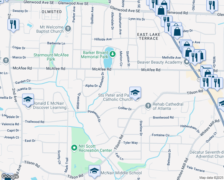 map of restaurants, bars, coffee shops, grocery stores, and more near 2340 Cresta Drive in Decatur