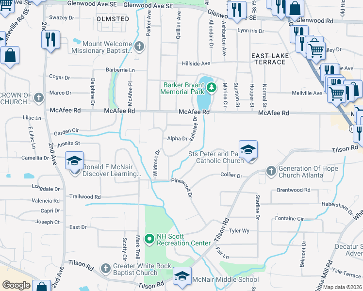 map of restaurants, bars, coffee shops, grocery stores, and more near 2102 Keheley Drive in Decatur