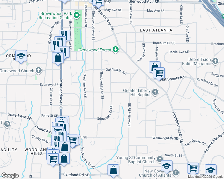 map of restaurants, bars, coffee shops, grocery stores, and more near 1181 Greenleaf Road Southeast in Atlanta