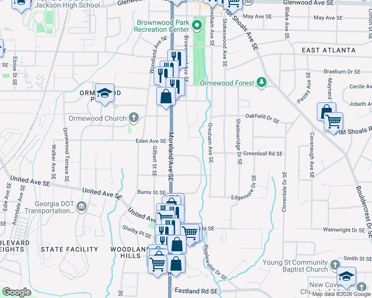 map of restaurants, bars, coffee shops, grocery stores, and more near 1214 Stoneybrook Drive Southeast in Atlanta