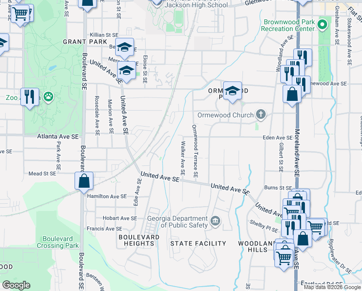 map of restaurants, bars, coffee shops, grocery stores, and more near 973 Walker Avenue Southeast in Atlanta