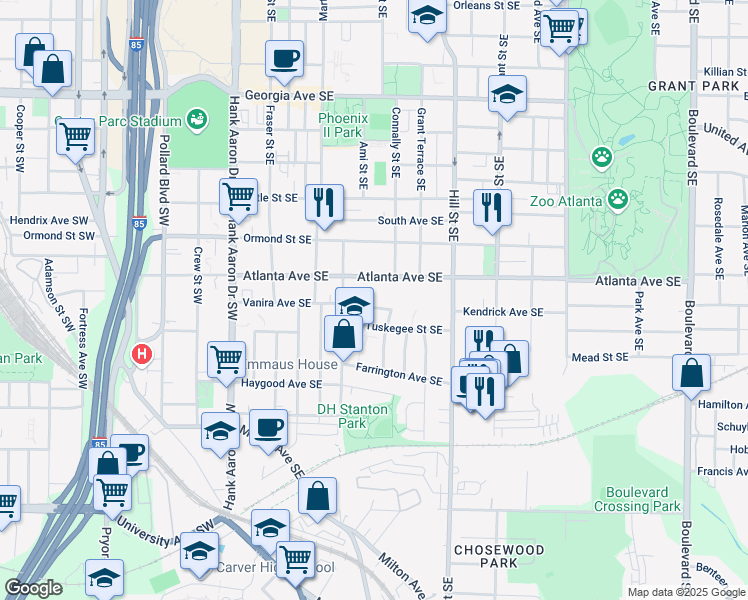 map of restaurants, bars, coffee shops, grocery stores, and more near 184 Vanira Avenue Southeast in Atlanta