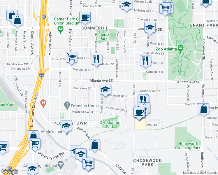 map of restaurants, bars, coffee shops, grocery stores, and more near 163 Vanira Avenue Southeast in Atlanta