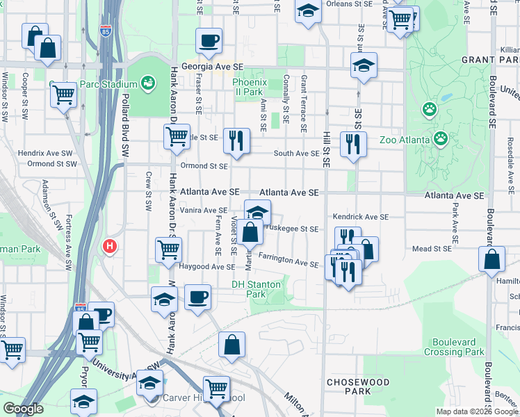 map of restaurants, bars, coffee shops, grocery stores, and more near 163 Vanira Avenue Southeast in Atlanta