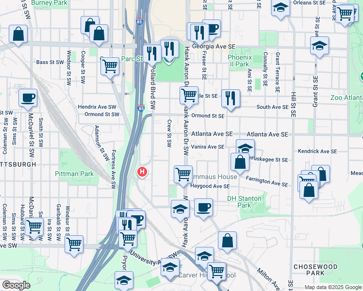 map of restaurants, bars, coffee shops, grocery stores, and more near 933 Hank Aaron Drive Southwest in Atlanta