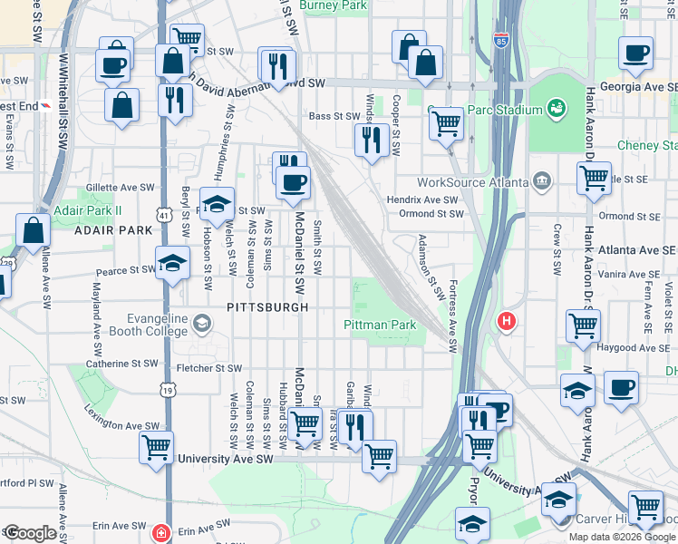 map of restaurants, bars, coffee shops, grocery stores, and more near 950 Smith Street Southwest in Atlanta