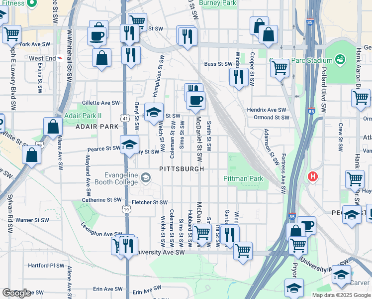 map of restaurants, bars, coffee shops, grocery stores, and more near 453 Mary Street Southwest in Atlanta