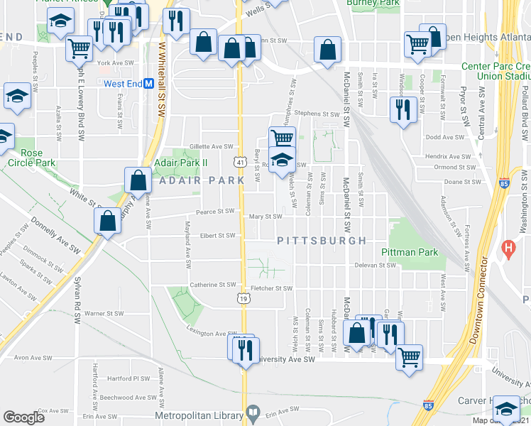 map of restaurants, bars, coffee shops, grocery stores, and more near 568 Mary Street Southwest in Atlanta
