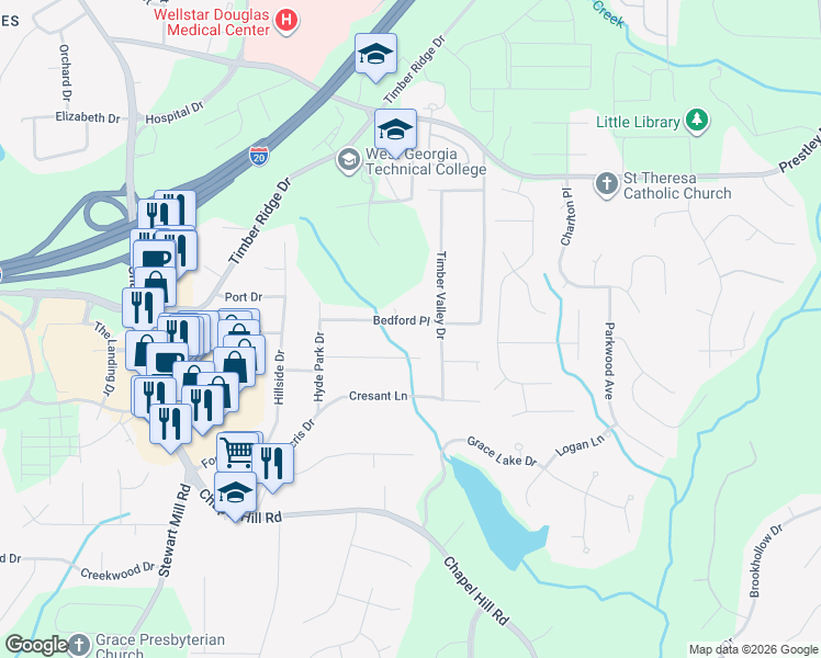 map of restaurants, bars, coffee shops, grocery stores, and more near 4616 Bedford Place in Douglasville