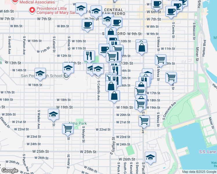map of restaurants, bars, coffee shops, grocery stores, and more near 727 West 16th Street in Los Angeles