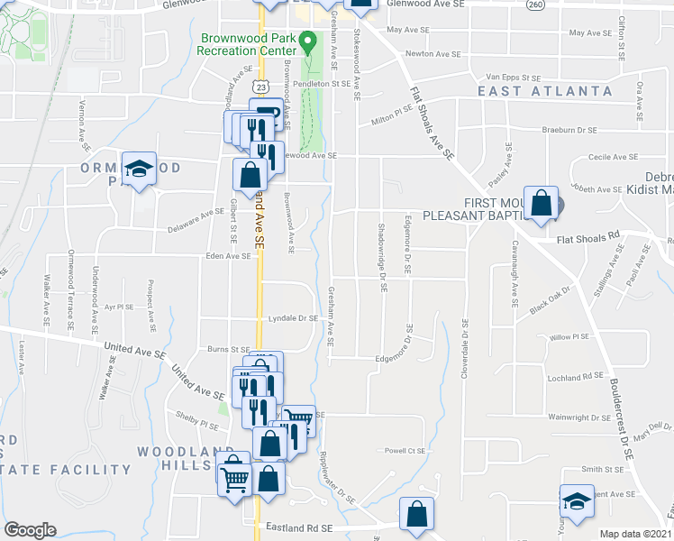 map of restaurants, bars, coffee shops, grocery stores, and more near 1088 Greenleaf Road Southeast in Atlanta