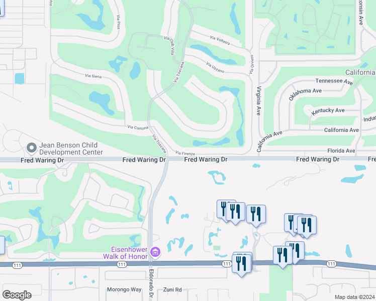 map of restaurants, bars, coffee shops, grocery stores, and more near 76218 Via Firenze in Indian Wells