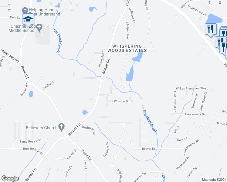 map of restaurants, bars, coffee shops, grocery stores, and more near 2774 Whisper Court in Douglasville