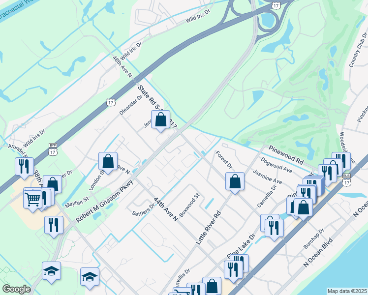 map of restaurants, bars, coffee shops, grocery stores, and more near 4708 Bermuda Way in Myrtle Beach