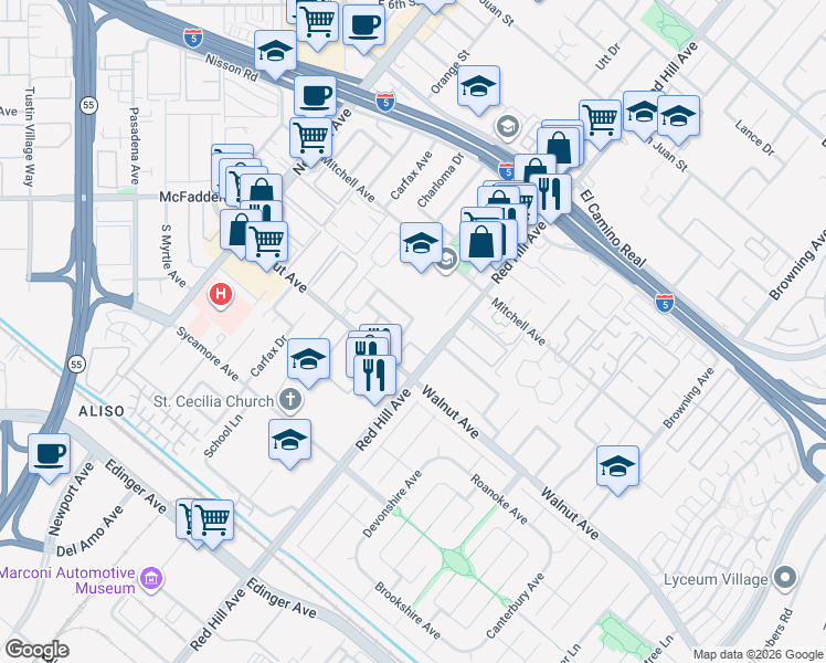 map of restaurants, bars, coffee shops, grocery stores, and more near 14406 Red Hill Avenue in Tustin