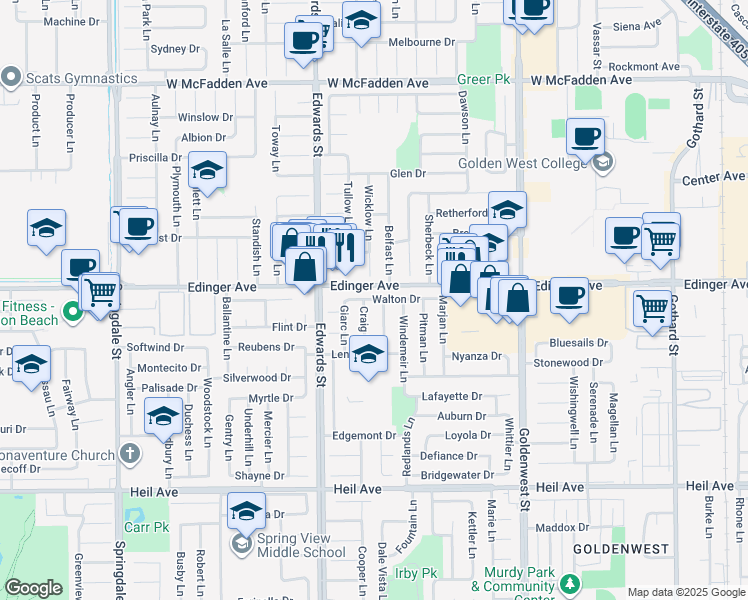 map of restaurants, bars, coffee shops, grocery stores, and more near 6631 Walton Drive in Huntington Beach