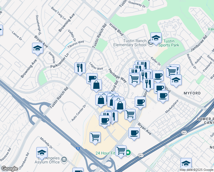 map of restaurants, bars, coffee shops, grocery stores, and more near 13440 North Bowers Court in Tustin