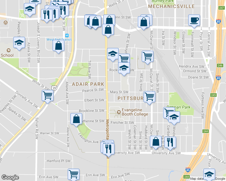 map of restaurants, bars, coffee shops, grocery stores, and more near 597 Mary Street Southwest in Atlanta
