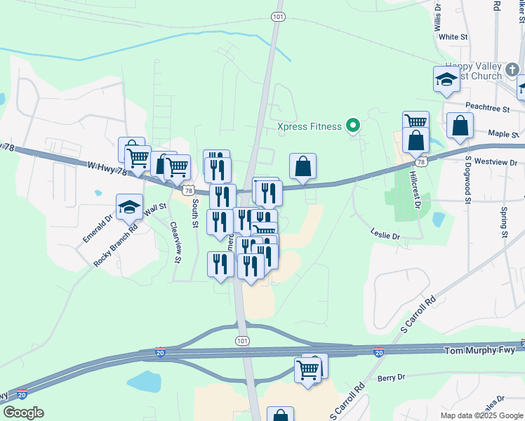 map of restaurants, bars, coffee shops, grocery stores, and more near 0 Georgia 61 in Villa Rica