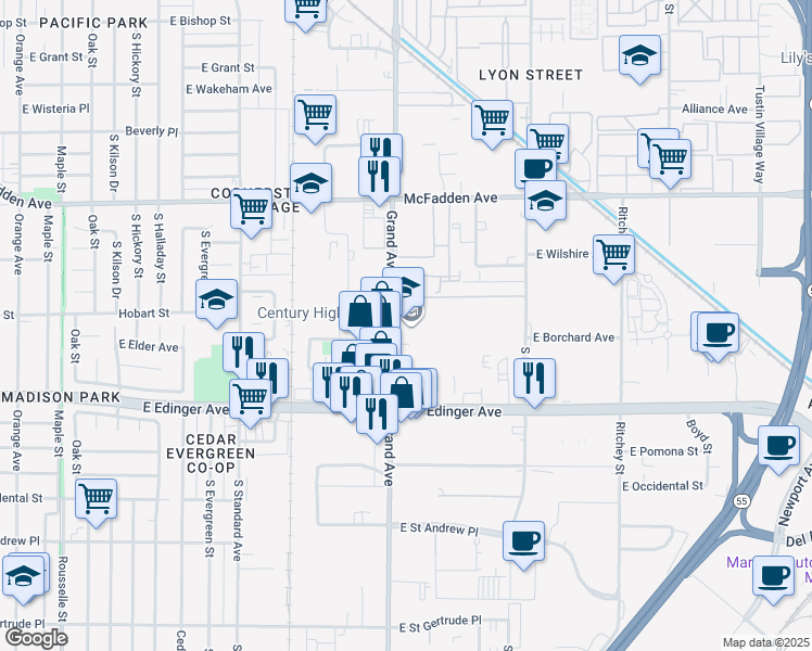 map of restaurants, bars, coffee shops, grocery stores, and more near 1401 South Grand Avenue in Santa Ana