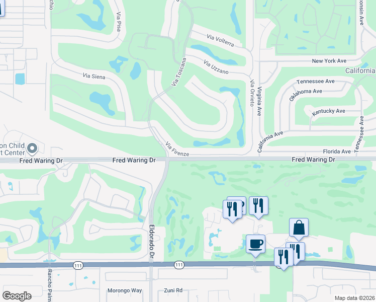 map of restaurants, bars, coffee shops, grocery stores, and more near 76218 Via Firenze in Indian Wells