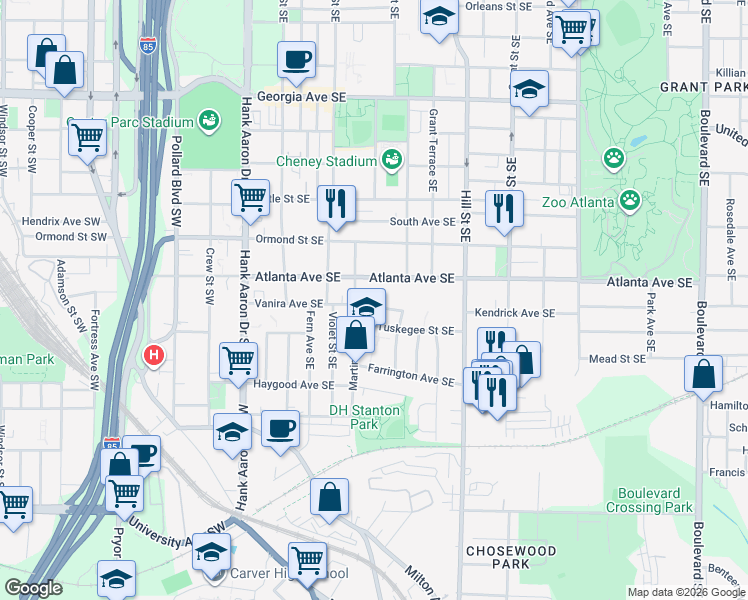 map of restaurants, bars, coffee shops, grocery stores, and more near 163 Vanira Avenue Southeast in Atlanta