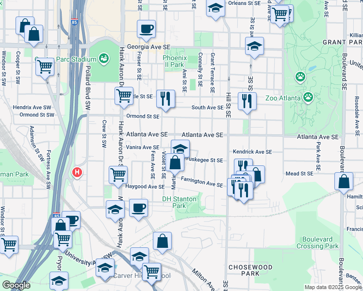 map of restaurants, bars, coffee shops, grocery stores, and more near 163 Vanira Avenue Southeast in Atlanta