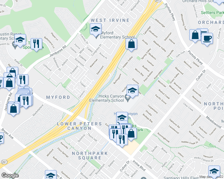 map of restaurants, bars, coffee shops, grocery stores, and more near 1303 Terra Bella in Irvine
