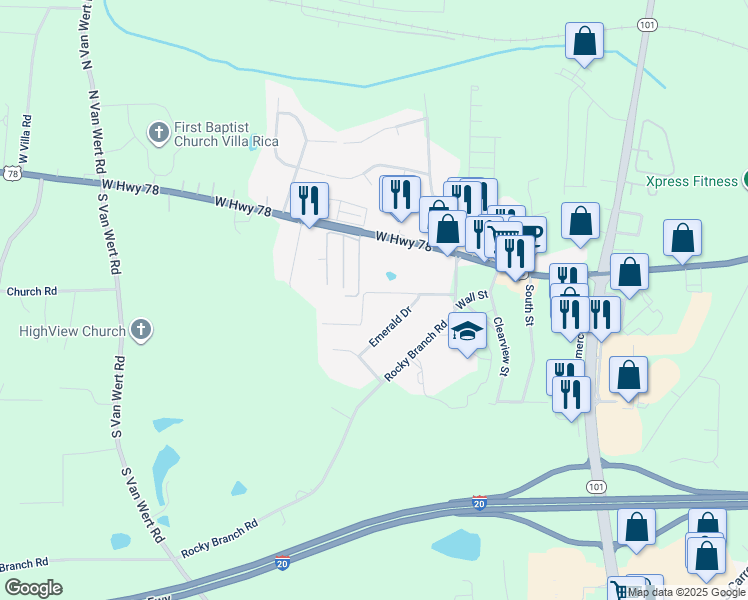 map of restaurants, bars, coffee shops, grocery stores, and more near 1024 Topaz Lane in Villa Rica