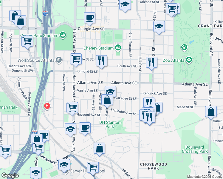 map of restaurants, bars, coffee shops, grocery stores, and more near 163 Vanira Avenue Southeast in Atlanta