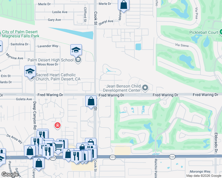 map of restaurants, bars, coffee shops, grocery stores, and more near 75258 La Sierra Drive in Palm Desert