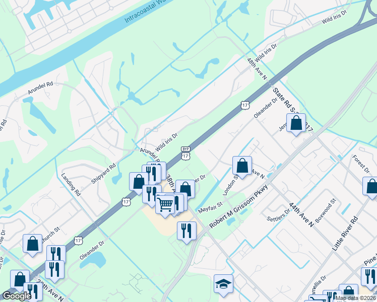 map of restaurants, bars, coffee shops, grocery stores, and more near U.S. 17 Bypass in Myrtle Beach