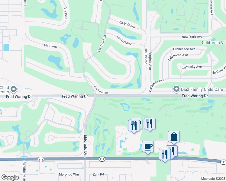 map of restaurants, bars, coffee shops, grocery stores, and more near 76266 Via Firenze in Indian Wells
